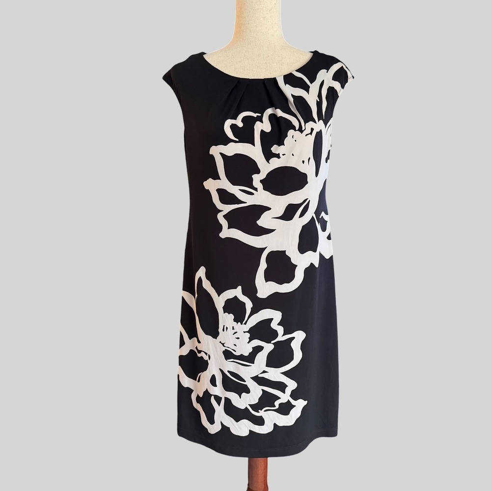 Studio London Times Black White Floral Sheath Dress sz 8 mod wedding guest retro